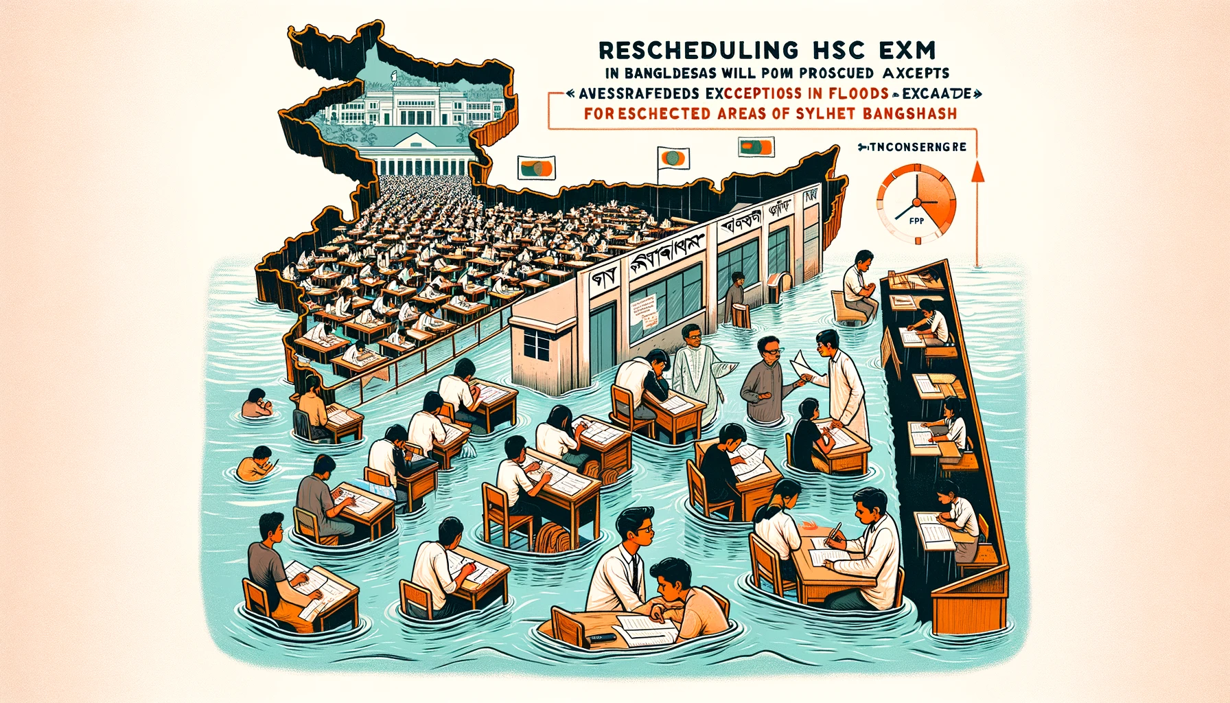 rescheduling HSC exams in the flood-affected areas of Sylhet, with a focus on the exams proceeding nationwide except for the affected regions.
